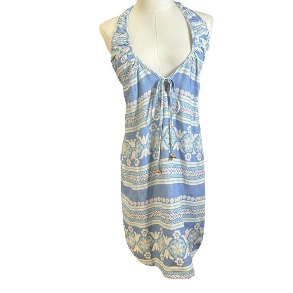 Free People Linen Blend Halter Mini Dress Blue Boho Floral Stripe Pattern Size M - Picture 1 of 11